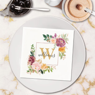 Monogram Elegante Waterverf Roos Bloemige Botanisc Servet