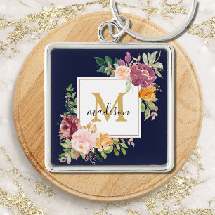 Monogram Elegante Waterverf Roos Bloemige Botanisc Sleutelhanger