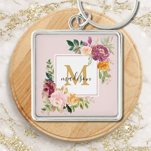 Monogram Elegante Waterverf Roos Bloemige Botanisc Sleutelhanger
