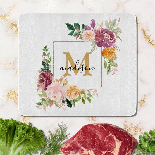 Monogram Elegante Waterverf Roos Bloemige Botanisc Snijplank