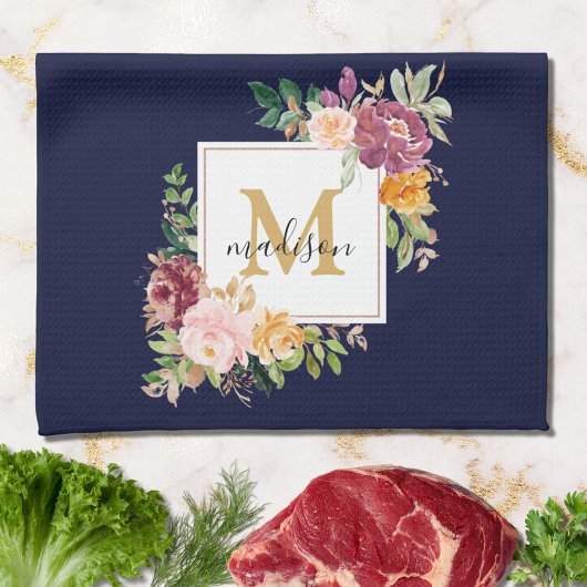 Monogram Elegante Waterverf Roos Bloemige Botanisc Theedoek