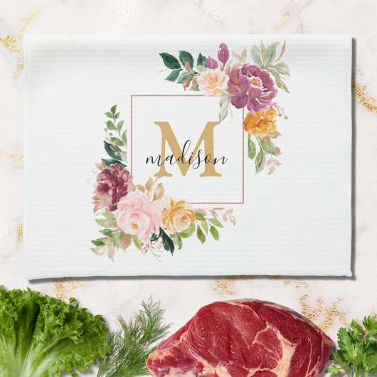 Monogram Elegante Waterverf Roos Bloemige Botanisc Theedoek