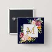 Monogram Elegante Waterverf Roos Bloemige Botanisc Vierkante Button 5,1 Cm (Voorkant /achterkant)