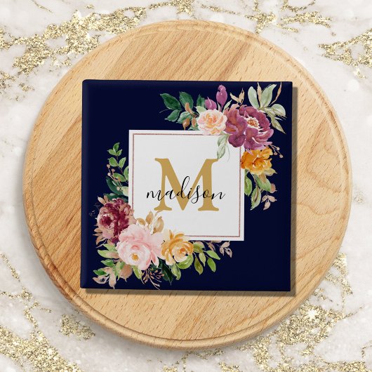 Monogram Elegante Waterverf Roos Bloemige Botanisc Vierkante Button 5,1 Cm