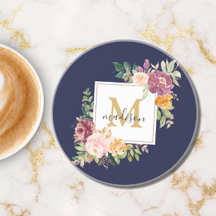Monogram Elegante Waterverf Roos Bloemige Botanisc Zandsteen Onderzetter