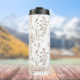 Monogram Elegante Waterverf Wilde Bloemen Bladeren Thermosbeker