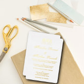 Monogram Elegante Witte en Gouden Huwelijk Folie Uitnodiging