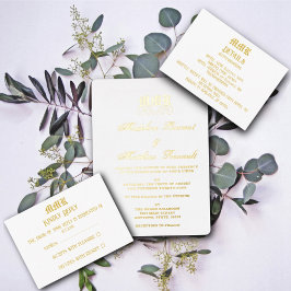 Monogram Elegante Witte en Gouden Huwelijk Folie Uitnodiging