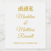 Monogram Elegante Witte en Gouden Huwelijk Wijn Etiket (Enkel label)