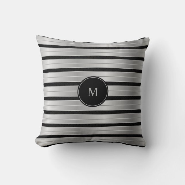 Monogram elegante zilver en zwarte stripes kussen (Voorkant)