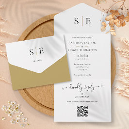 Monogram Elegante Zwart Gouden QR Code Trouwkaart All In One Uitnodiging