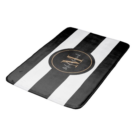 Monogram elegante zwarte en gouden witte strepen badmat (Gekanteld)