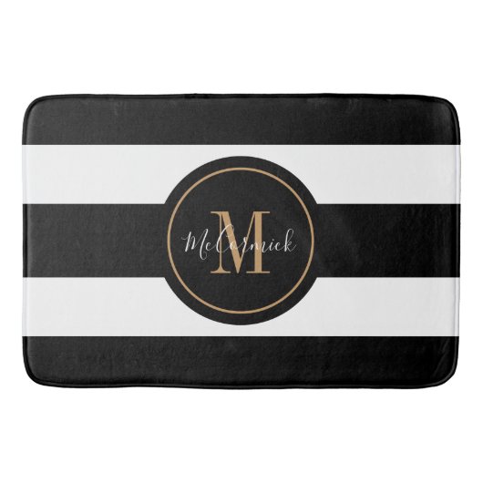 Monogram elegante zwarte en gouden witte strepen badmat (Voorkant)