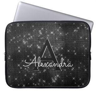 Monogram elegante zwarte en witte mousserende ster laptop sleeve