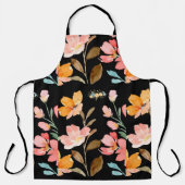 Monogram Elegante Zwarte Waterverf Bloem Schort (Voorkant)