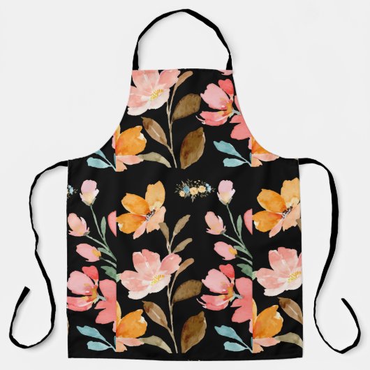 Monogram Elegante Zwarte Waterverf Bloem Schort (Voorkant)