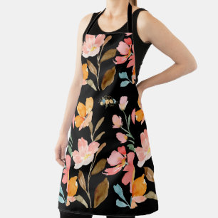 Monogram Elegante Zwarte Waterverf Bloem Schort