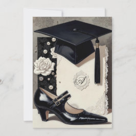 Monogram Elegante Zwarte Witte Afstudeeruitnodigin Kaart