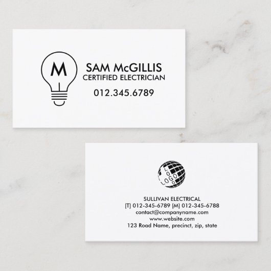 Monogram elektricien elektricien visitekaartje (Voorkant / Achterkant)
