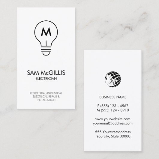 Monogram elektricien elektricien visitekaartje (Voorkant / Achterkant)