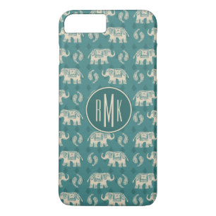 Monogram   Elephant Blauwgroen Caravan Pattern iPhone 8/7 Plus Hoesje