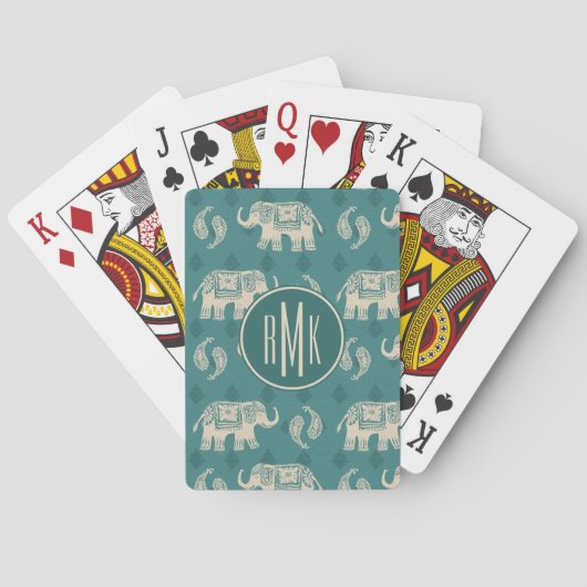 Monogram | Elephant Blauwgroen Caravan Pattern Pokerkaarten (Achterkant)