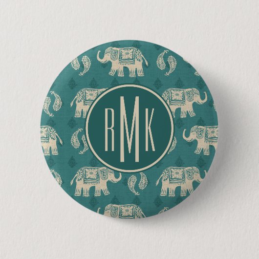 Monogram | Elephant Blauwgroen Caravan Pattern Ronde Button 5,7 Cm (Voorkant)