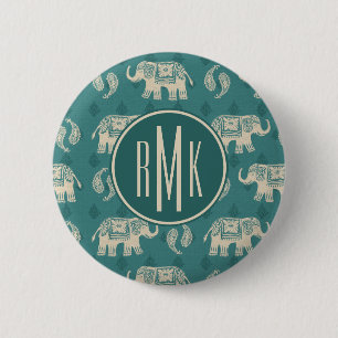 Monogram   Elephant Blauwgroen Caravan Pattern Ronde Button 5,7 Cm