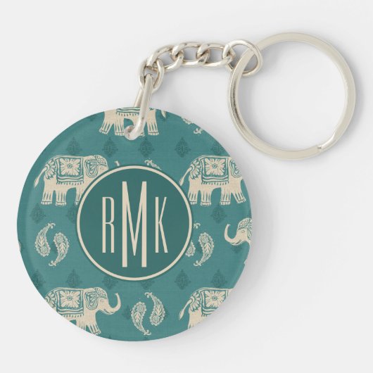Monogram | Elephant Blauwgroen Caravan Pattern Sleutelhanger (Achterkant)