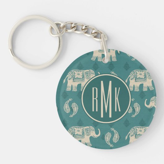 Monogram | Elephant Blauwgroen Caravan Pattern Sleutelhanger (Voorkant)