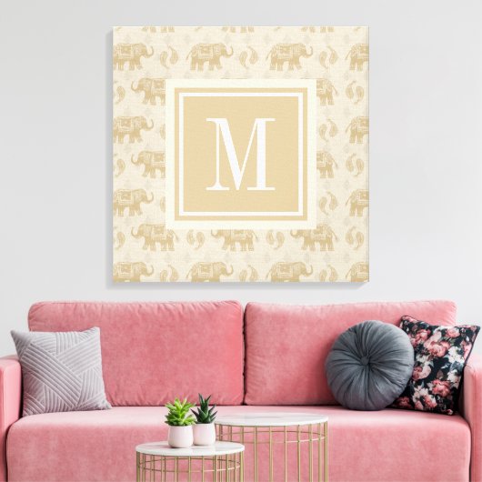 Monogram | Elephant Khaki Caravan Pattern Canvas Afdruk (Insitu (Woonkamer))