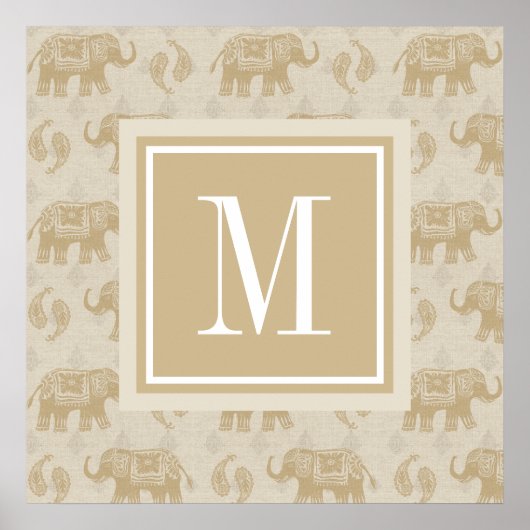 Monogram | Elephant Khaki Caravan Pattern Poster (Voorkant)
