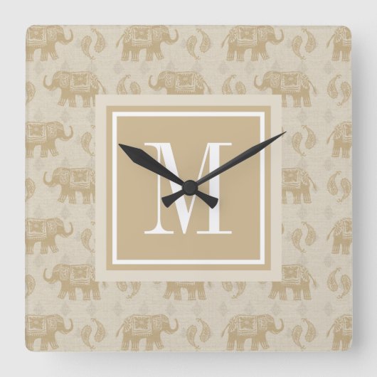 Monogram | Elephant Khaki Caravan Pattern Vierkante Klok (Voorkant)