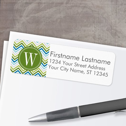 Monogram Emerald & Blauwgroen Modern Chevron Etiket