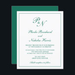 Monogram Emerald Green Budget Wedding Uitnodiging<br><div class="desc">De traditionele uitnodiging van de de stijlbegroting van de bruiloft met een eenvoudig en klassiek ontwerp met uw twee monogram van het initiaal en uw namen in een elegante kalligrafie binnen een dunne grens. Alle ontwerpelementen bevinden zich in een juweeltoon die groen boven een witte achtergrond wordt weergegeven en kunnen...</div>