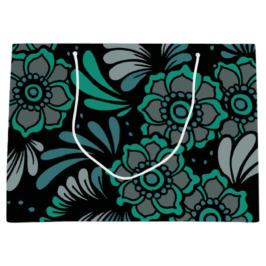 Monogram Emerald Green en Black Flower Pattern Large Cadeautasje (Voorkant)