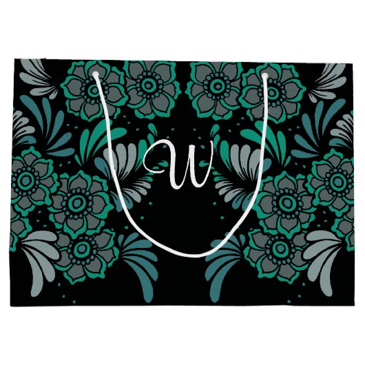 Monogram Emerald Green en Black Flower Pattern Large Cadeautasje (Achterkant)