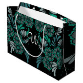 Monogram Emerald Green en Black Flower Pattern Large Cadeautasje (Achterkant Gekanteld)