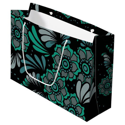 Monogram Emerald Green en Black Flower Pattern Large Cadeautasje (Voorkant Gekanteld)