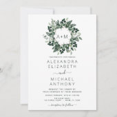 Monogram Emerald Green Greenery Wedding Invitation Kaart (Voorkant)