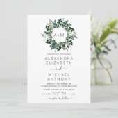 Monogram Emerald Green Greenery Wedding Invitation Kaart (Staand voorkant)