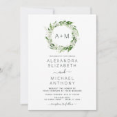 Monogram Emerald Green Greenery Wedding Invitation Kaart (Voorkant)