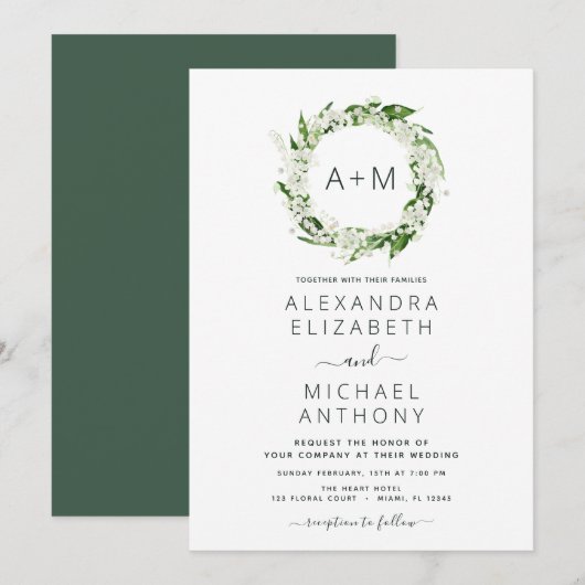 Monogram Emerald Green Greenery Wedding Invitation Kaart (Voorkant / Achterkant)