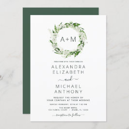 Monogram Emerald Green Greenery Wedding Invitation Kaart