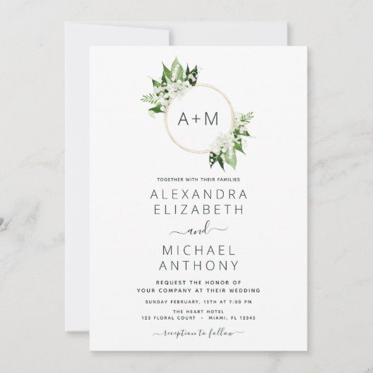 Monogram Emerald Green Greenery Wedding Invitation Kaart (Voorkant)