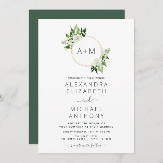 Monogram Emerald Green Greenery Wedding Invitation Kaart (Voorkant / Achterkant)