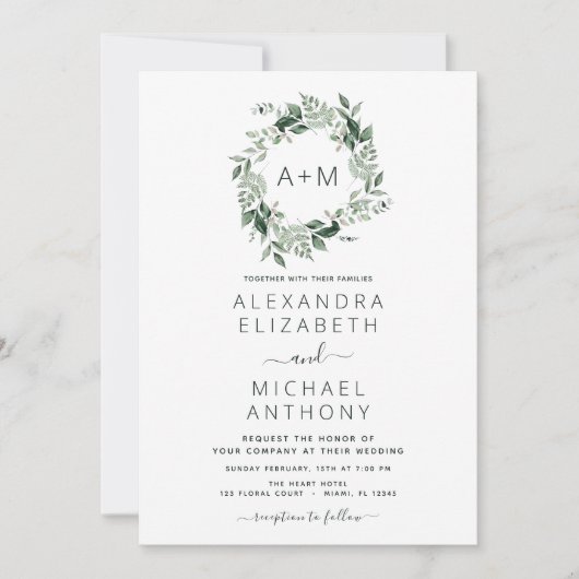 Monogram Emerald Green Greenery Wedding Invitation Kaart (Voorkant)