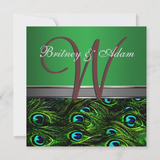 Monogram Emerald Green Peacock Wedding Invitations Kaart (Voorkant)