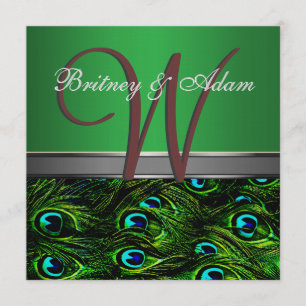 Monogram Emerald Green Peacock Wedding Invitations Kaart