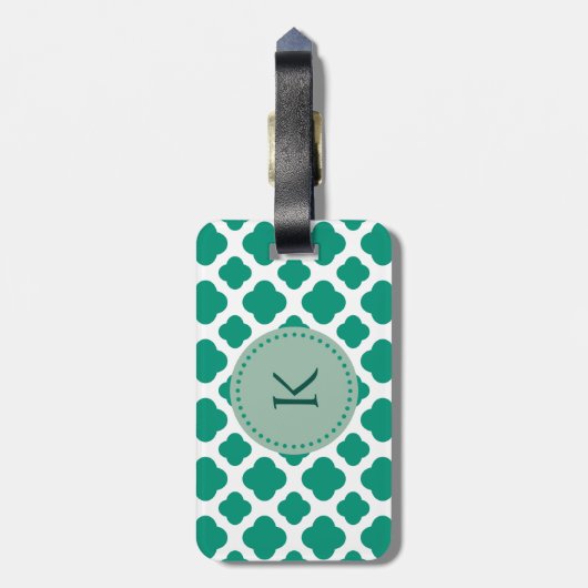 Monogram Emerald Green & White Quatrefoil Patroon Bagagelabel (Achterkant verticaal)